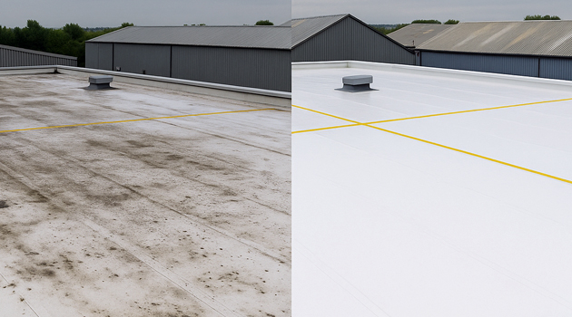 Close-up of roof cleaning detail around fixings and skylight edges in Walworth