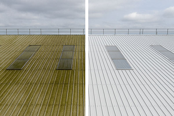 Before and after commercial roof cleaning on profiled steel in Kings Cross