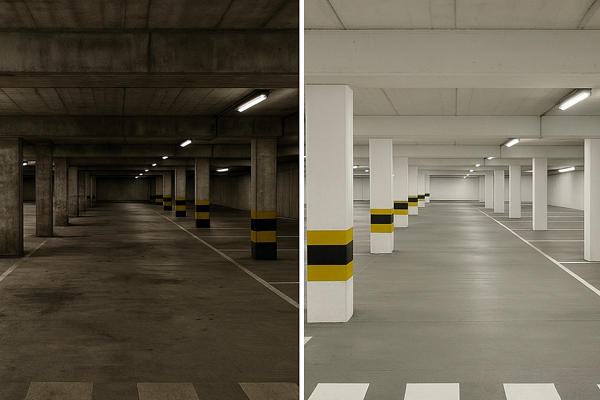 Clean car park deck in Barrhead after degreasing and hot-wash