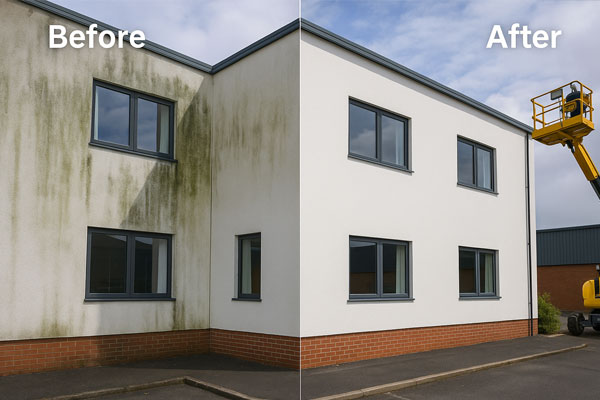 Building cleaning montage in Blackwall showing façade wash, roof and gutter care, and car park jet wash